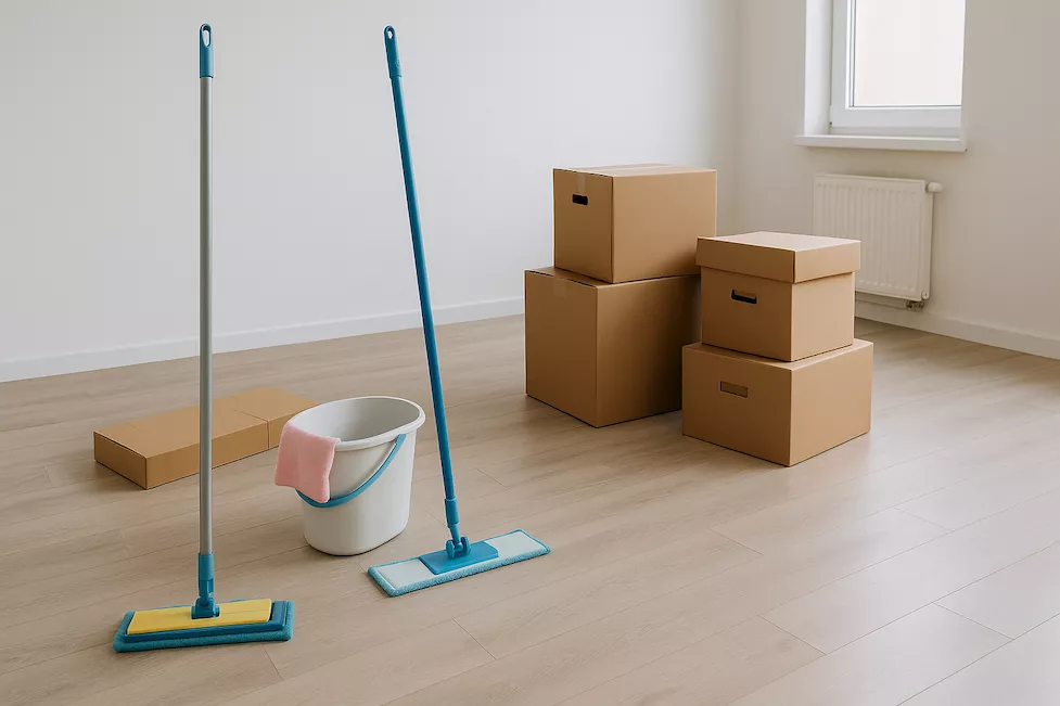 “Tom lägenhet med moppar och flyttlådor på golvet – symboliserar flyttstädning vid andrahandsuthyrning med fokus på noggrann rengöring inför återlämning av bostaden”